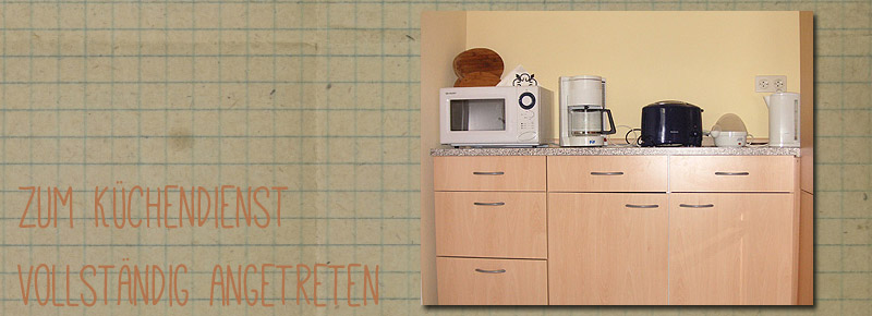 Mikrowelle, Toaster und Kaffeemaschine warten auf den Einsatz.